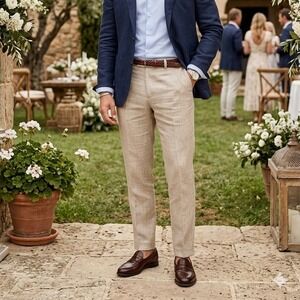 Zara 100% Linen Tailored Trousers Mens 36 Beige Tan Summer Flat Front Dress Pant